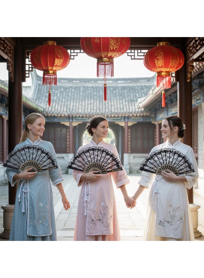 مروحة يدوية صينية قابلة للطي من الدانتيل الأسود للنساء، مراوح قابلة للطي مزينة بالزهور المطرزة لحفلات الزفاف، وحفلات توديع العزوبية، وتزيين الكنائس، وحفلات الشاي، وأزياء عشرينيات القرن الماضي - Image 3